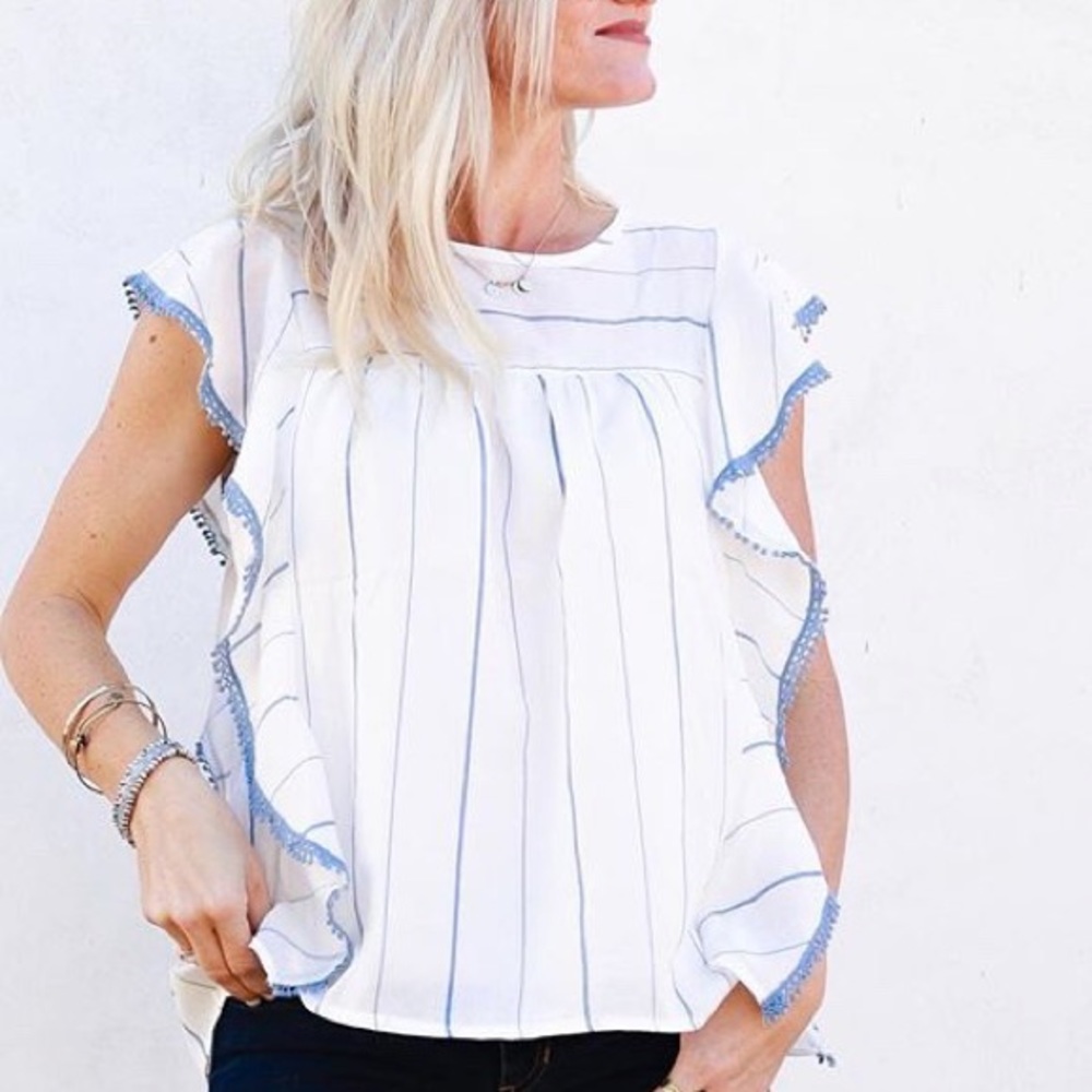 Listicle Ruffle Blue and White Stripe Top